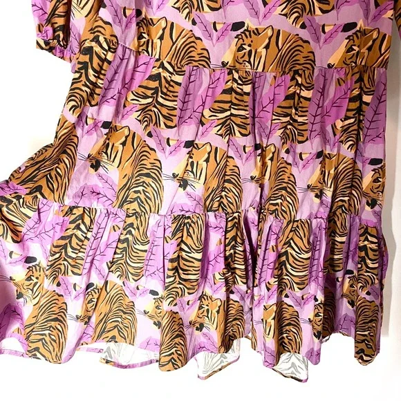 Farm Rio Tiger Leaves Dress Purple Mini Tiered Short Puff Sleeve Casual Sz XS